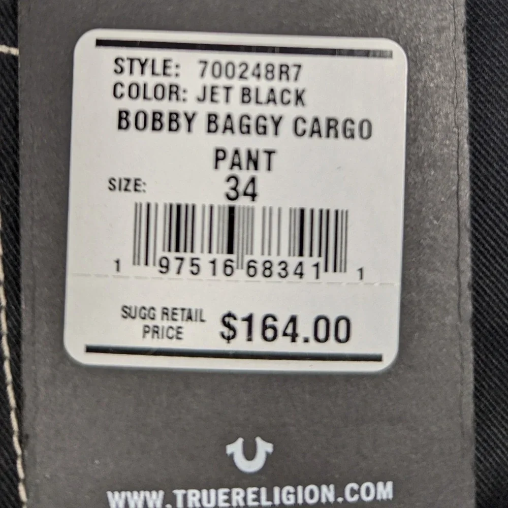 NEW True Religion Bobby Baggy Cargo Pants Jet‎ Black Contrast Stitch Mens 34